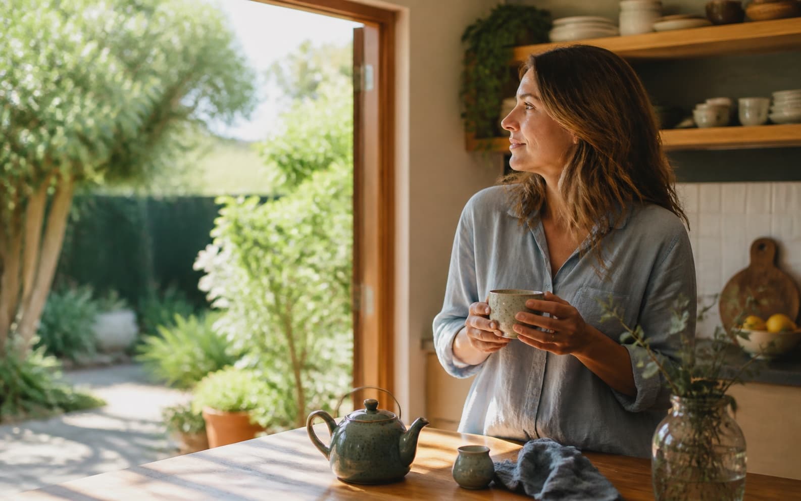 A woman with tea looking out from a sunlit kitchen to a leafy garden.